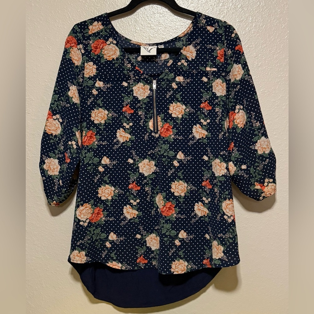 Janet Chung Floral Polka Dot Zipper Front Blouse | Shirt | Top